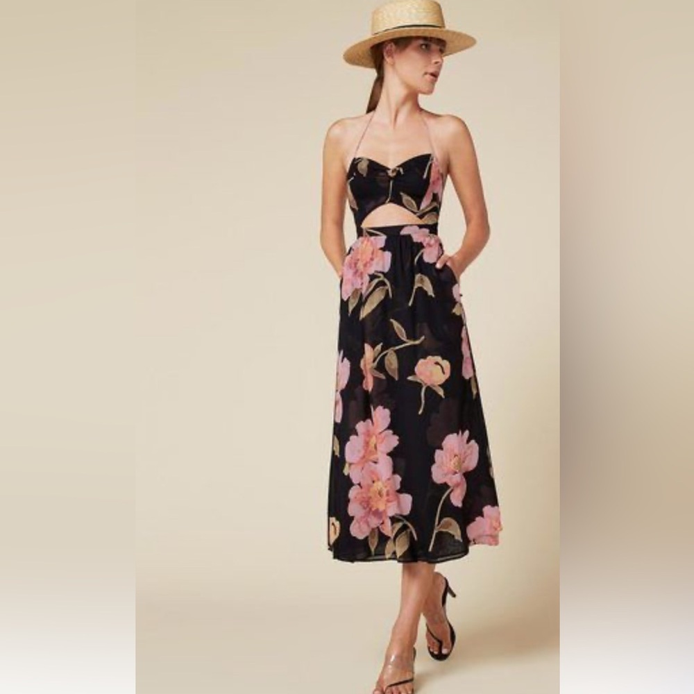 REFORMATION XS Black Midi Dress with Pink Floral Print